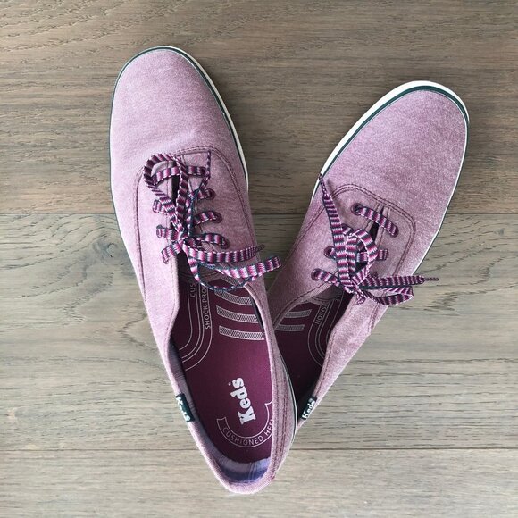 Keds Canvas Lace Up Denim Sneakers Prpl Pink w Teal Trim + Striped Laces Sz 9.5 - Picture 2 of 12